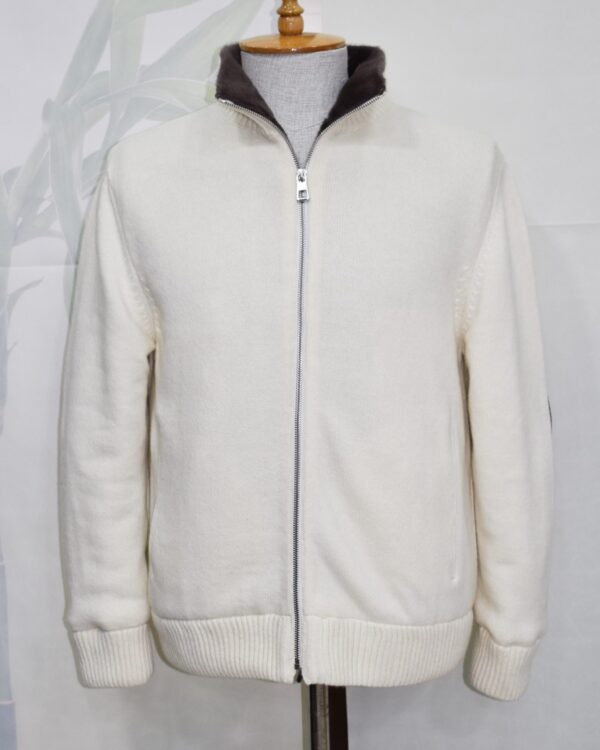 Men’s Wool Cardigan with Merino Fur Lining – Luxury Winter Zip Jacket in Cream White