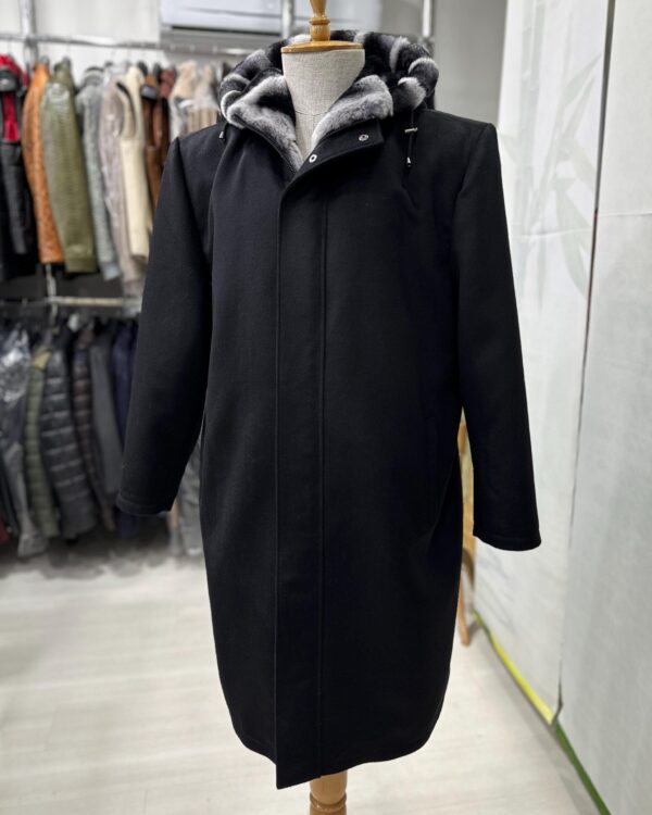 Luxury Cashmere Coat with Rex Rabbit Fur Trim | Long Black Winter Hooded Overcoat