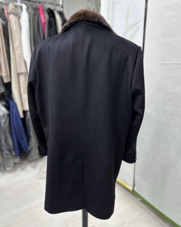 Men's Luxury Cashmere Black Overcoat | Genuine Mink Fur Collar Mahogany Winter Coat