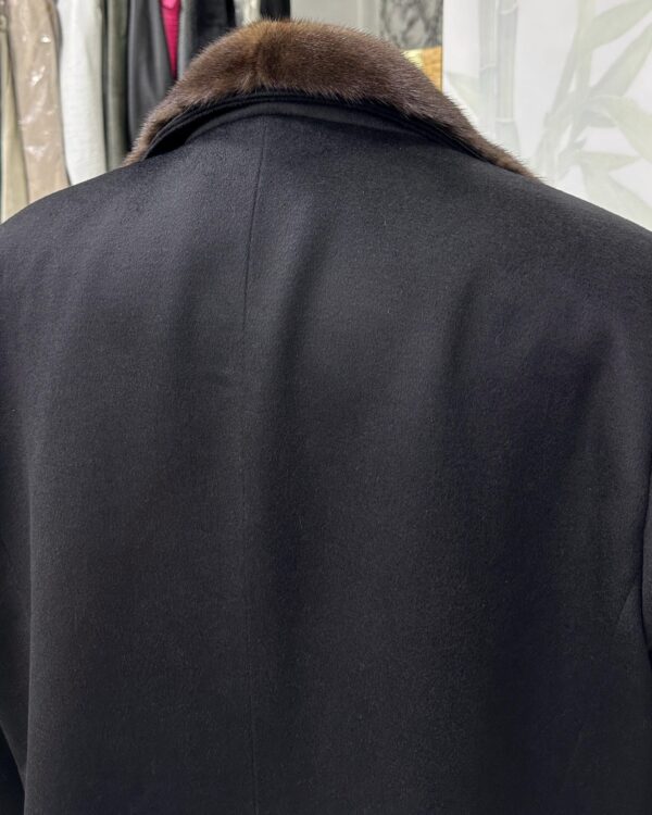 Men's Luxury Cashmere Black Overcoat | Genuine Mink Fur Collar Mahogany Winter Coat