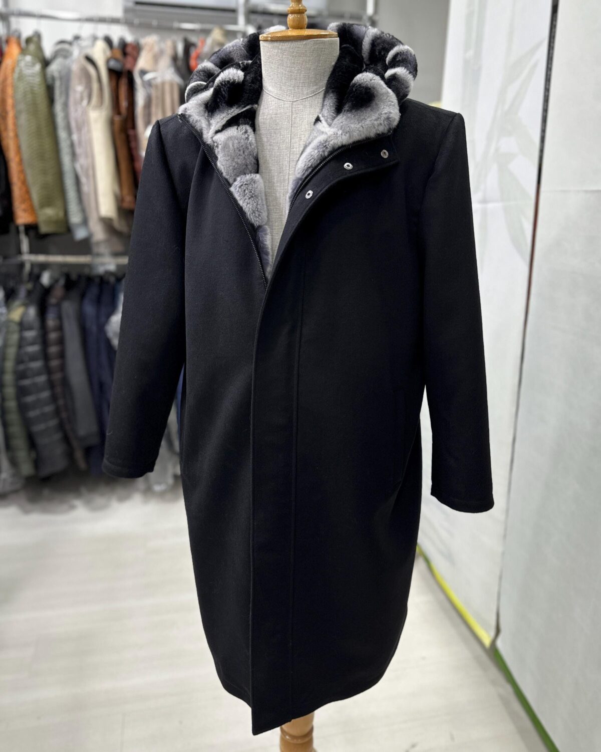 695e5a9259f447123fa581b1.jpg Luxury Cashmere Coat with Rex Rabbit Fur Trim | Long Black Winter Hooded Overcoat
