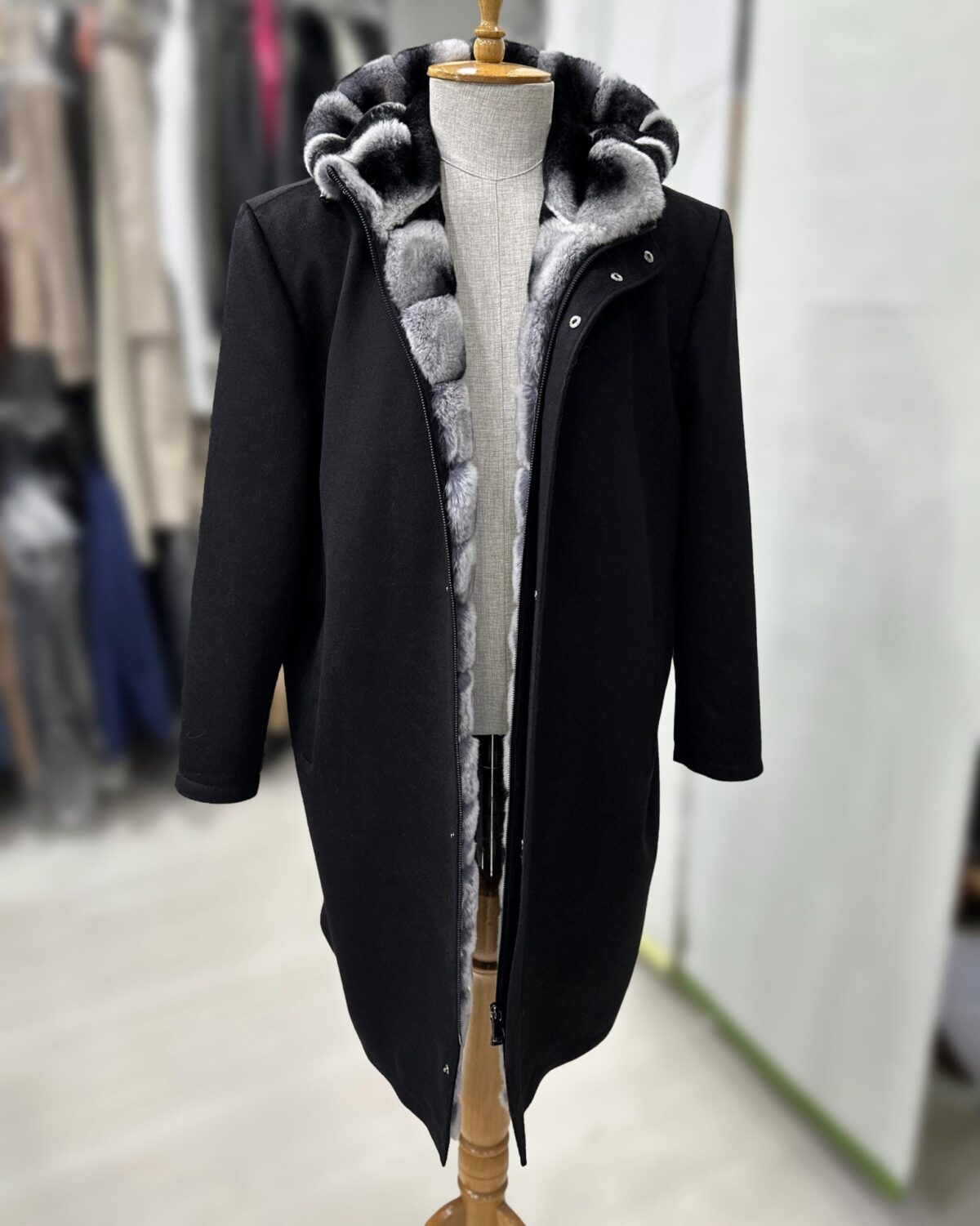 695e5a9359f447123fa58242.jpg Luxury Cashmere Coat with Rex Rabbit Fur Trim | Long Black Winter Hooded Overcoat