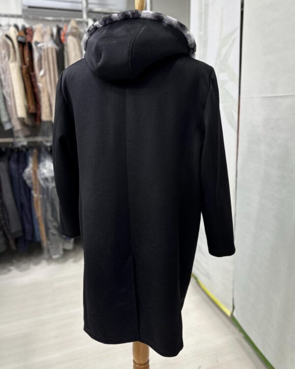 Luxury Cashmere Coat with Rex Rabbit Fur Trim | Long Black Winter Hooded Overcoat