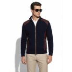 Navy Blue Men's Knit Wool Cardigan, Luxury Genuine Python Leather Trim Zipper Jacket