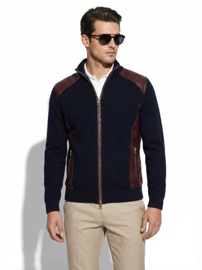 Navy Blue Men's Knit Wool Cardigan, Luxury Genuine Python Leather Trim Zipper Jacket