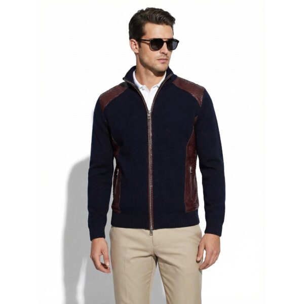 Navy Blue Men's Knit Wool Cardigan, Luxury Genuine Python Leather Trim Zipper Jacket