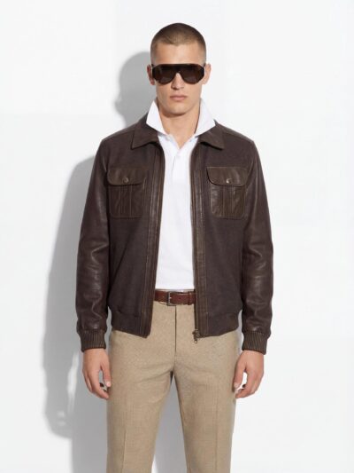 Brown Wool & Leather Bomber Jacket | Men's Genuine Lambskin Tim Outerwear