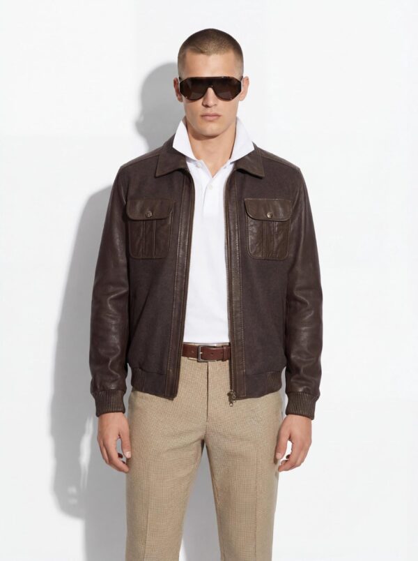 Brown Wool & Leather Bomber Jacket | Men's Genuine Lambskin Tim Outerwear