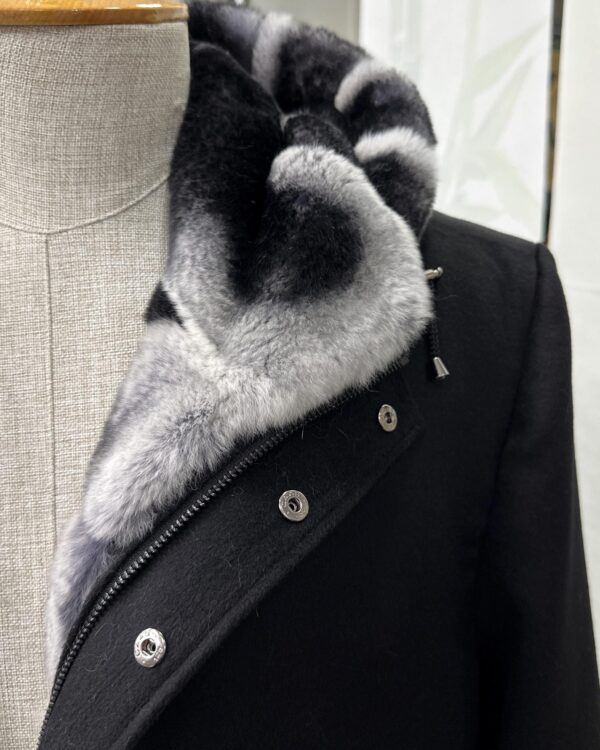 Luxury Cashmere Coat with Rex Rabbit Fur Trim | Long Black Winter Hooded Overcoat