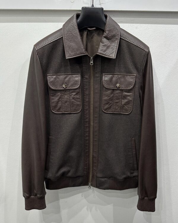 Brown Wool & Leather Bomber Jacket | Men's Genuine Lambskin Tim Outerwear