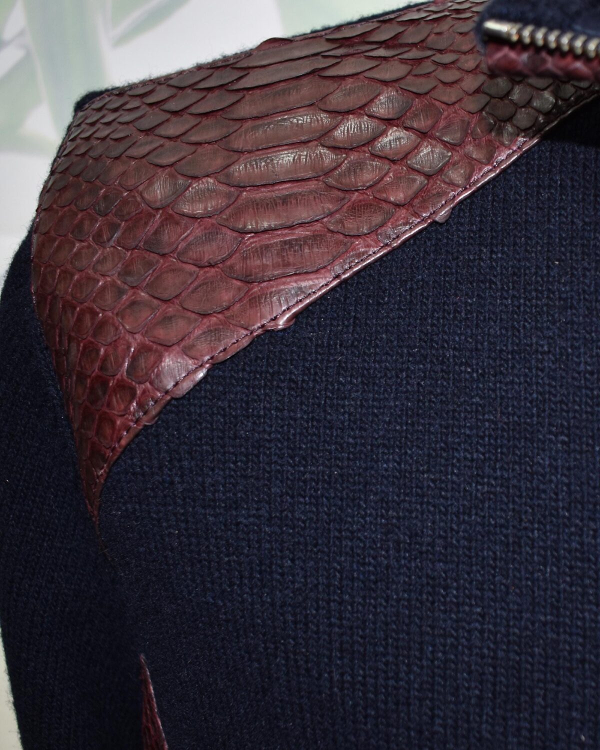 695e5a9459f447123fa582db.jpg Navy Blue Men's Knit Wool Cardigan, Luxury Genuine Python Leather Trim Zipper Jacket