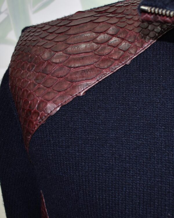 Navy Blue Men's Knit Wool Cardigan, Luxury Genuine Python Leather Trim Zipper Jacket