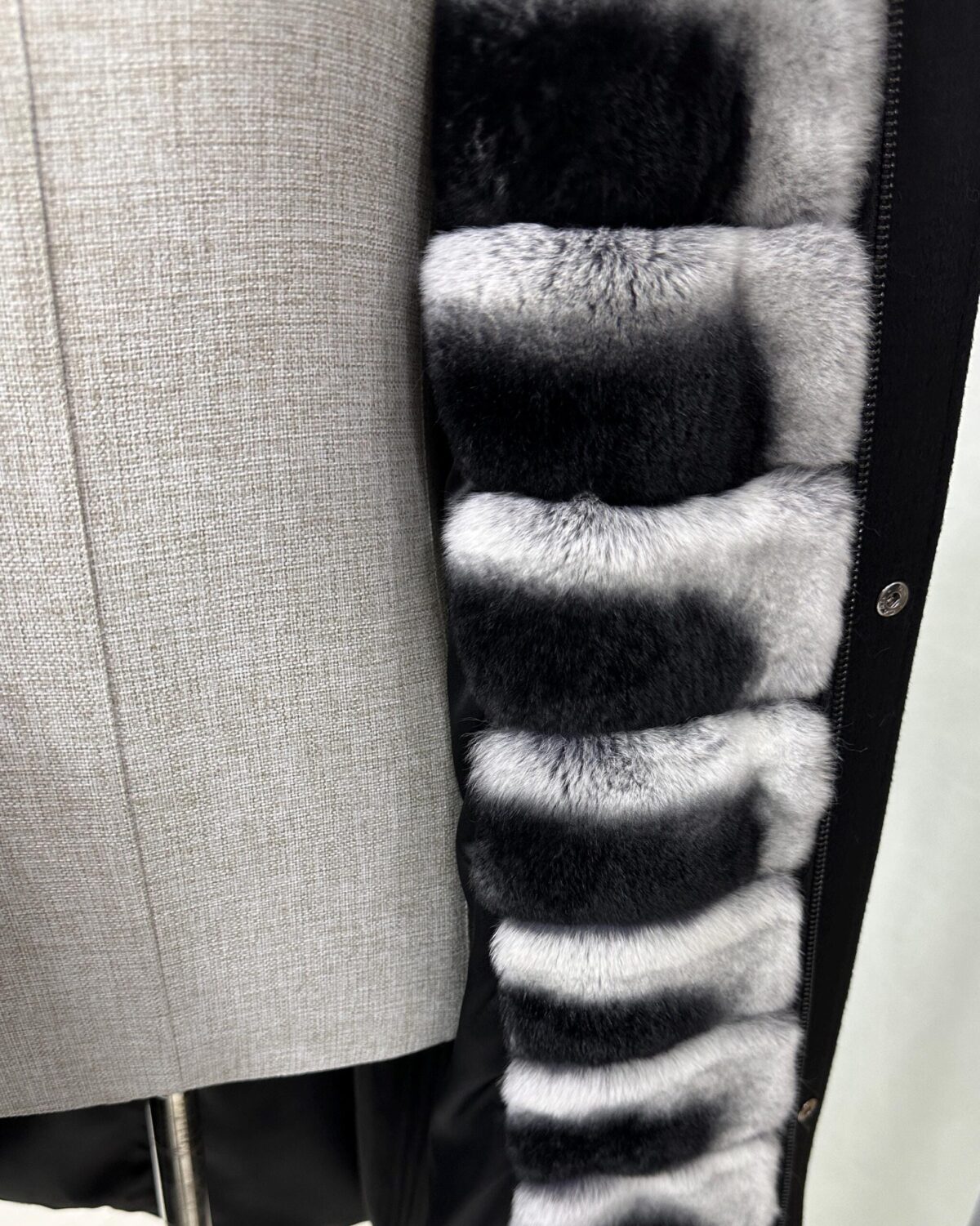 695e5a9559f447123fa582dd.jpg Luxury Cashmere Coat with Rex Rabbit Fur Trim | Long Black Winter Hooded Overcoat