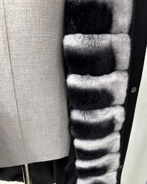 Luxury Cashmere Coat with Rex Rabbit Fur Trim | Long Black Winter Hooded Overcoat