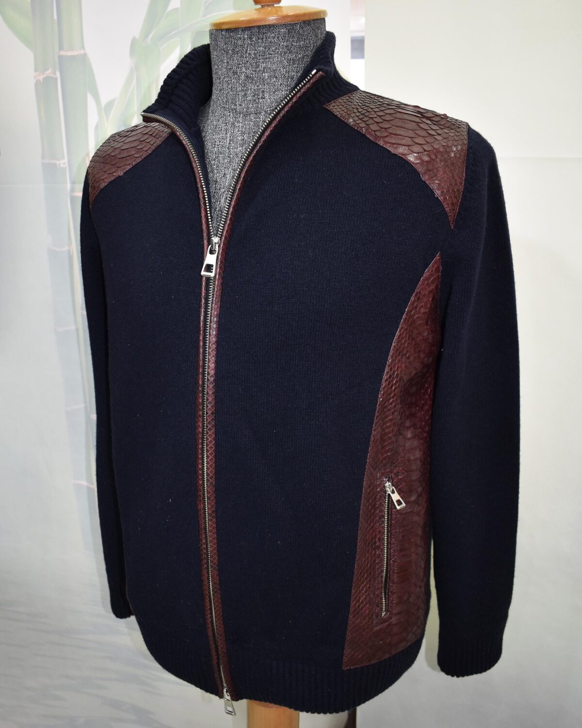 695e5a9559f447123fa582e1.jpg Navy Blue Men's Knit Wool Cardigan, Luxury Genuine Python Leather Trim Zipper Jacket