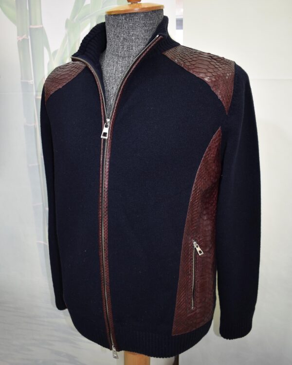 Navy Blue Men's Knit Wool Cardigan, Luxury Genuine Python Leather Trim Zipper Jacket