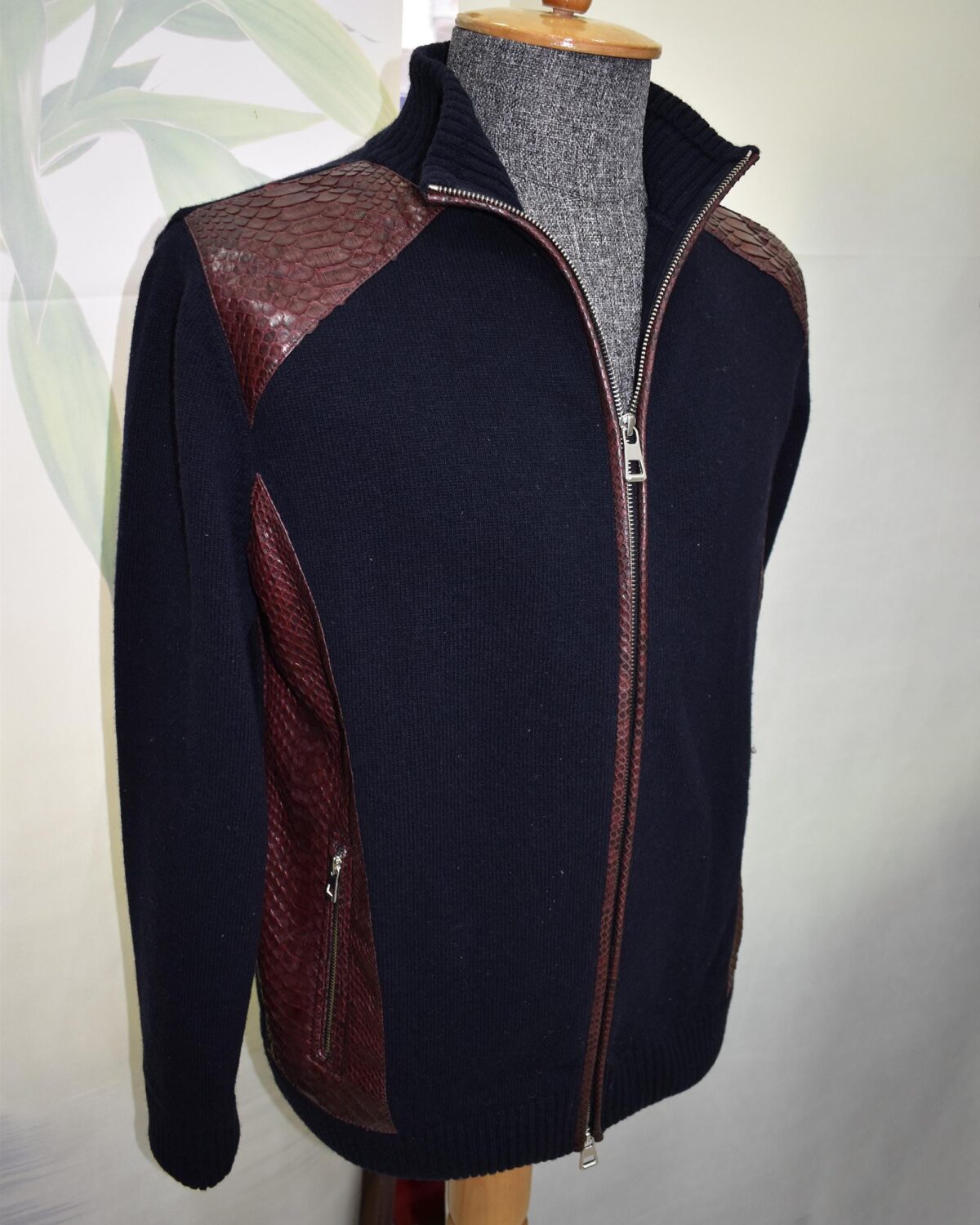 695e5a9559f447123fa582fa.jpg Navy Blue Men's Knit Wool Cardigan, Luxury Genuine Python Leather Trim Zipper Jacket