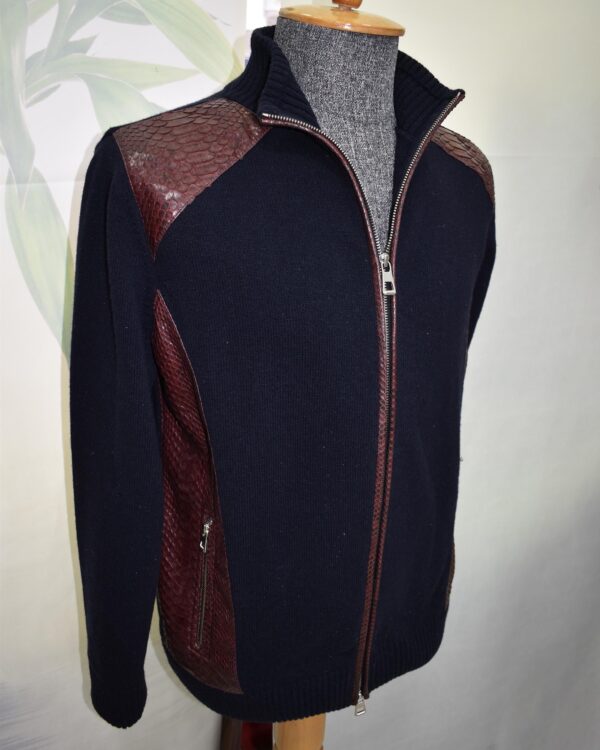 Navy Blue Men's Knit Wool Cardigan, Luxury Genuine Python Leather Trim Zipper Jacket
