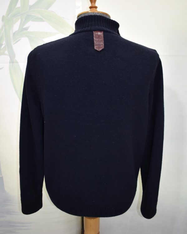 Navy Blue Men's Knit Wool Cardigan, Luxury Genuine Python Leather Trim Zipper Jacket