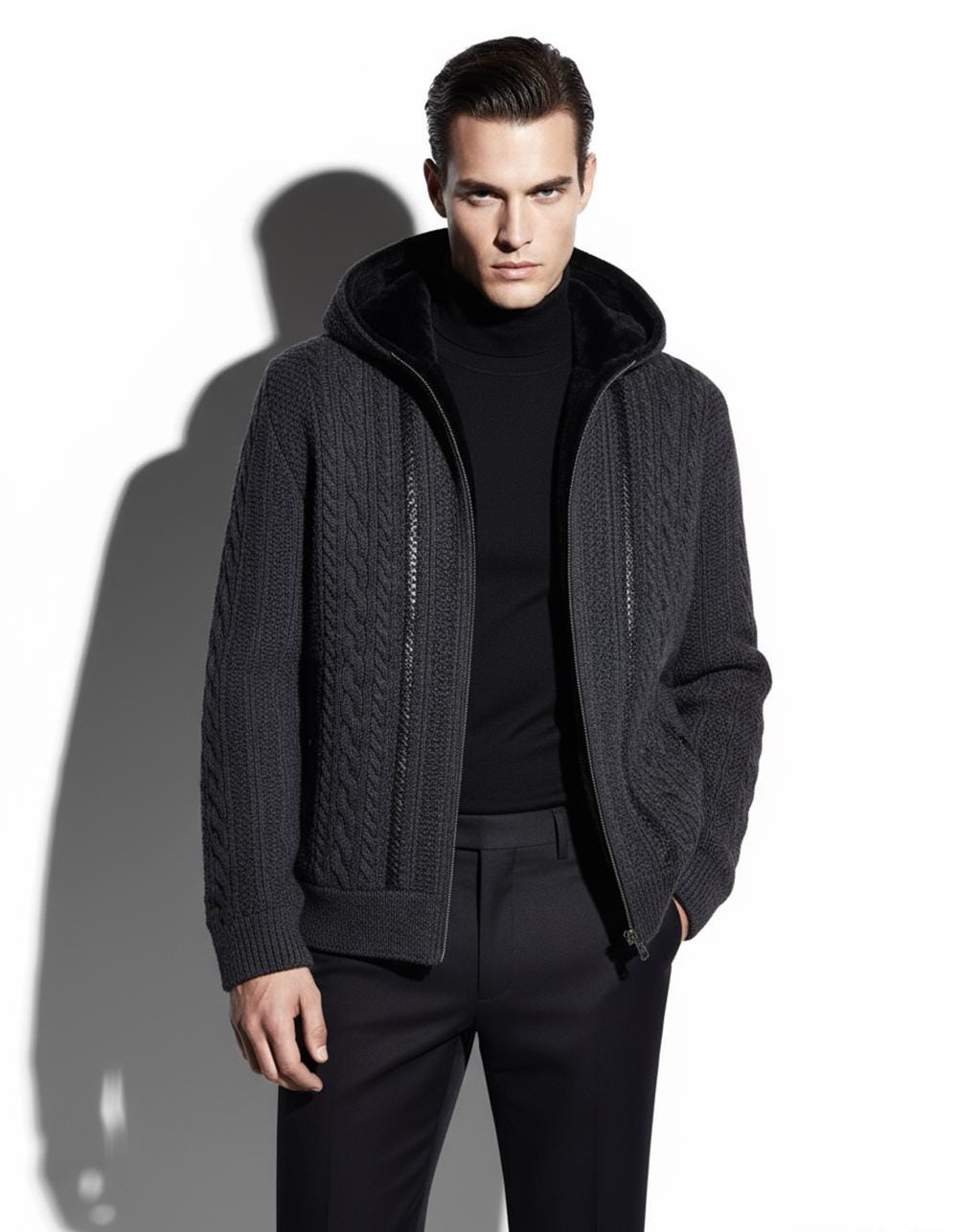 Merino Sheep Fur Lined Wool Cardigan: Python Leather Trim