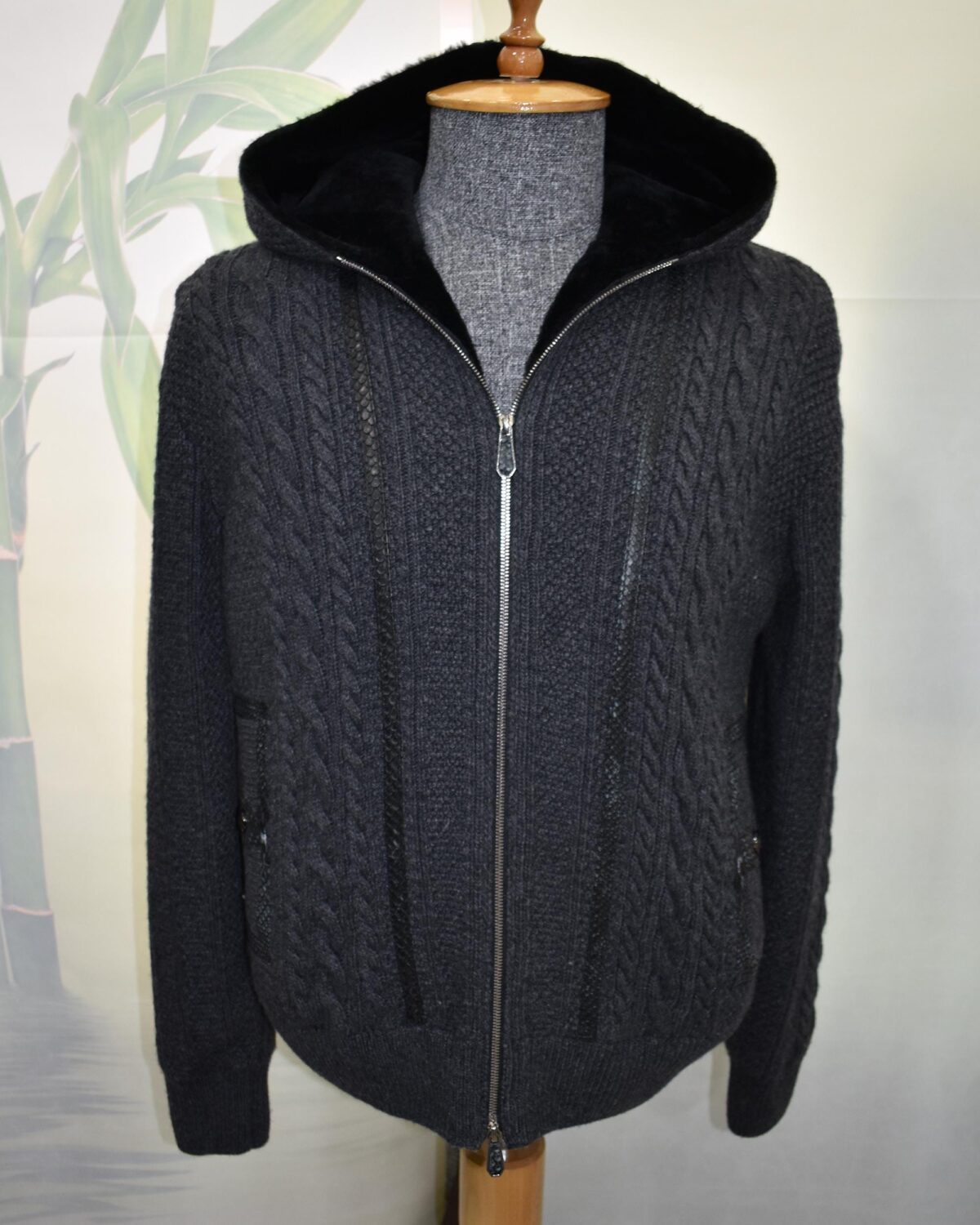 Merino Sheep Fur Lined Wool Cardigan: Python Leather Trim