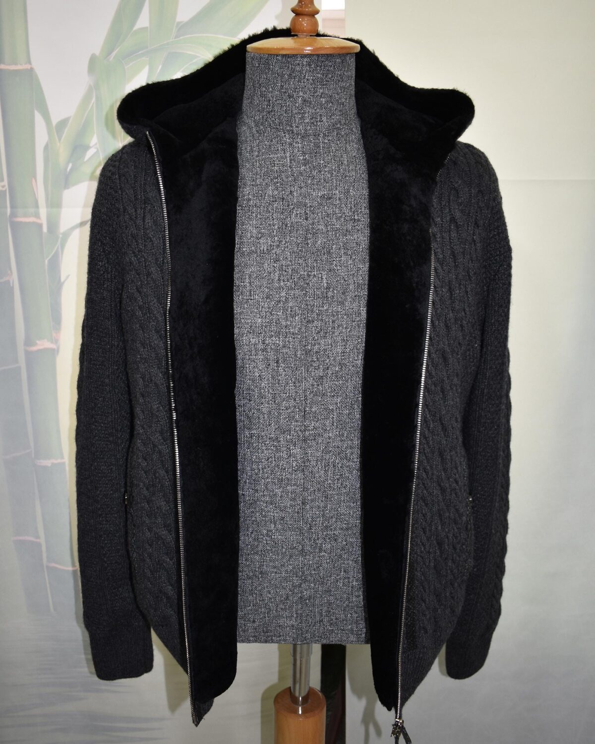 Merino Sheep Fur Lined Wool Cardigan: Python Leather Trim