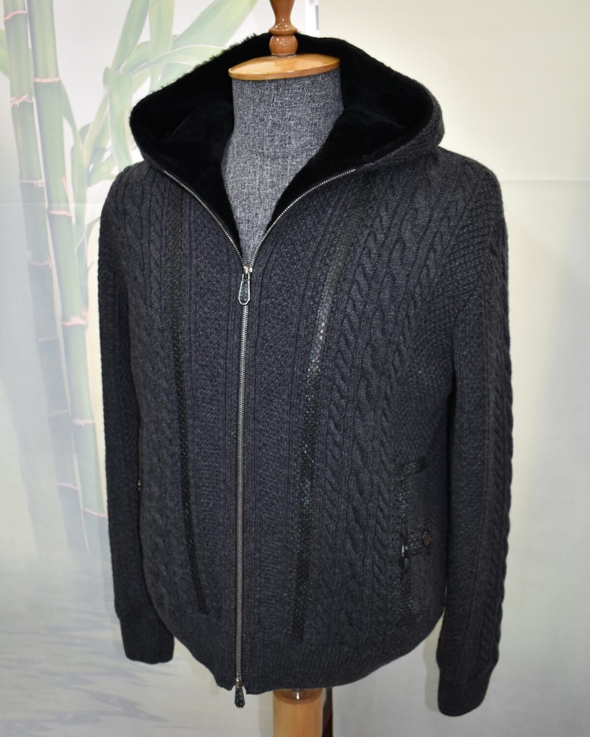 Merino Sheep Fur Lined Wool Cardigan: Python Leather Trim