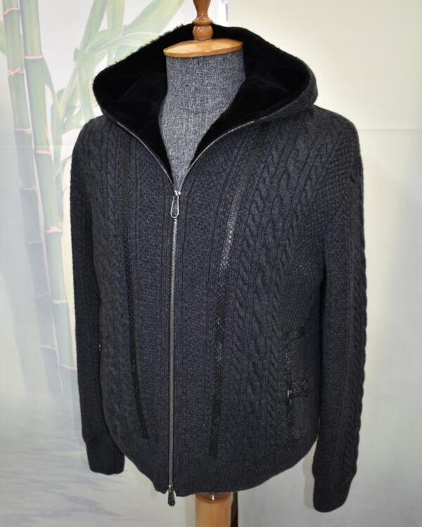 Merino Sheep Fur Lined Wool Cardigan: Python Leather Trim