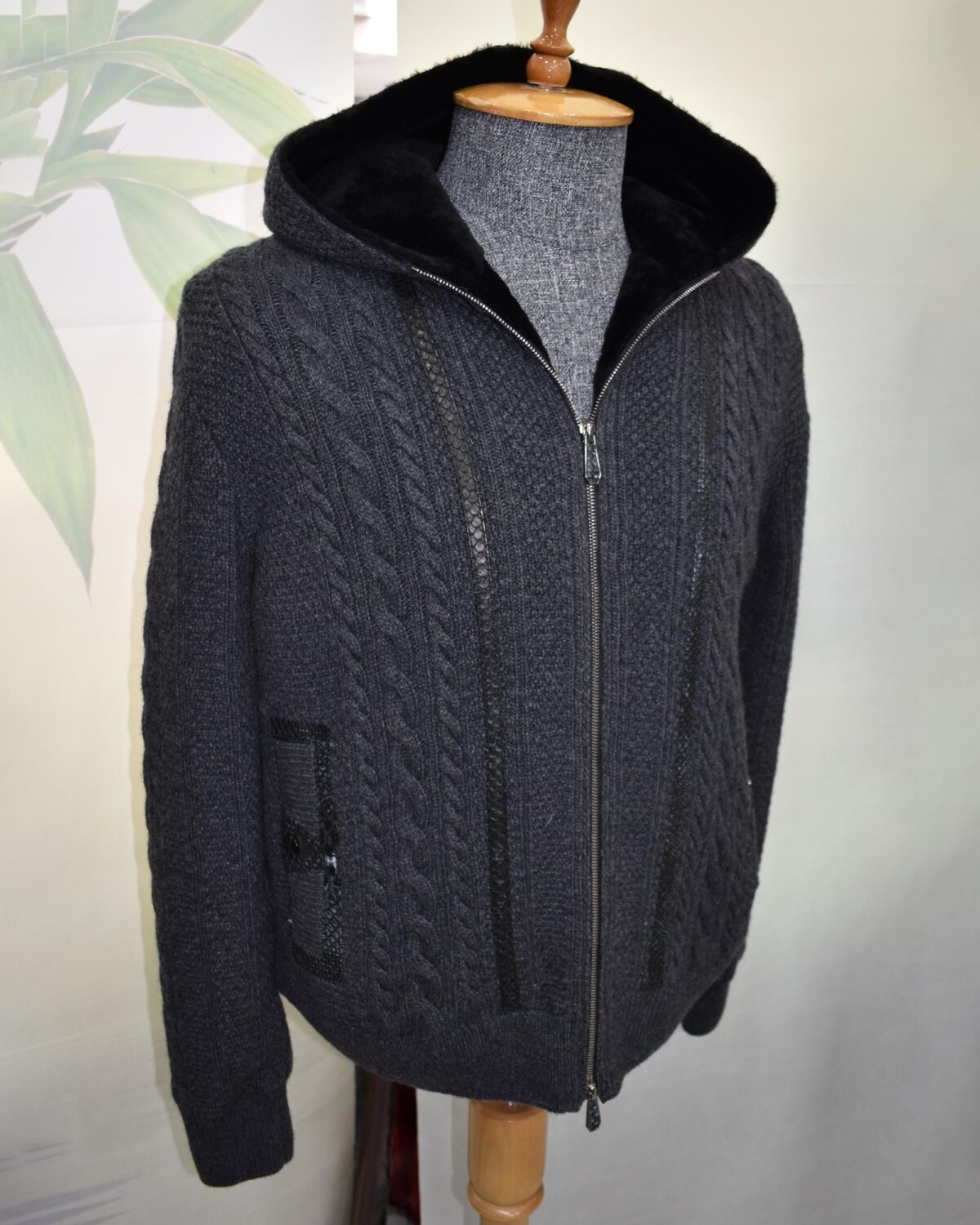 Merino Sheep Fur Lined Wool Cardigan: Python Leather Trim