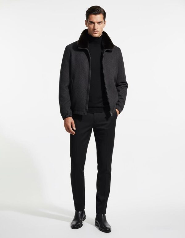 Handmade Cashmere Wool Bomber Jacket: Men's Grey Rabbit Fur Collar