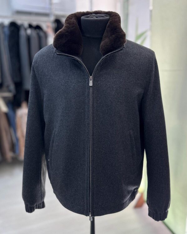 Handmade Cashmere Wool Bomber Jacket: Men's Grey Rabbit Fur Collar