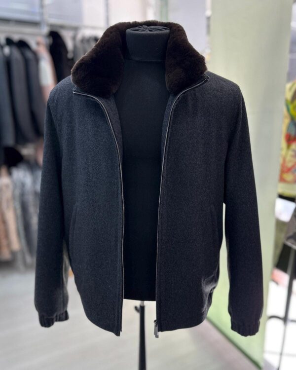 Handmade Cashmere Wool Bomber Jacket: Men's Grey Rabbit Fur Collar