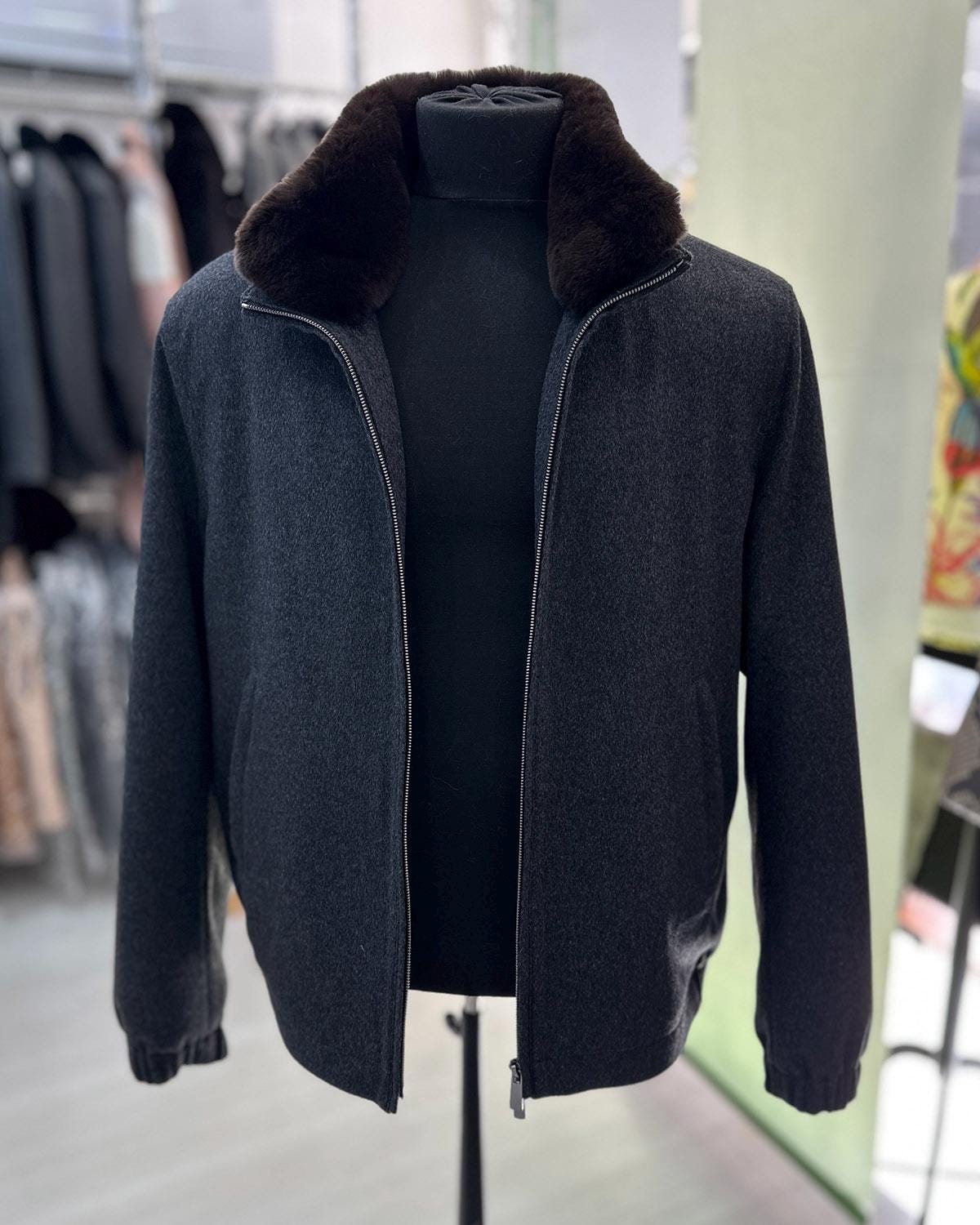 695e5aa059f447123fa584d9.jpg Handmade Cashmere Wool Bomber Jacket: Men's Grey Rabbit Fur Collar