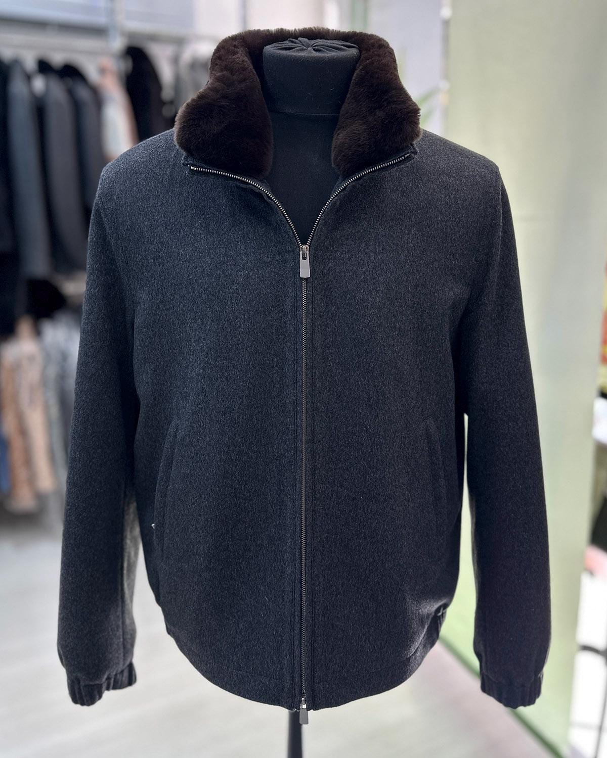 695e5aa059f447123fa584dd.jpg Handmade Cashmere Wool Bomber Jacket: Men's Grey Rabbit Fur Collar