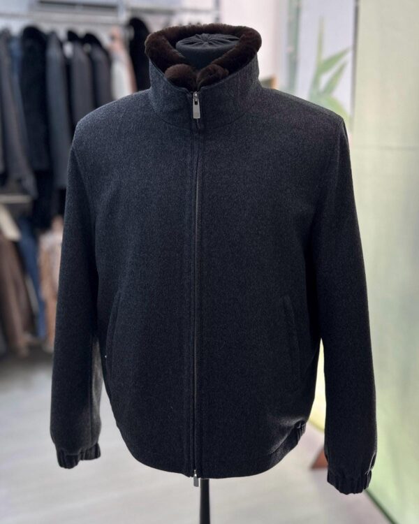 Handmade Cashmere Wool Bomber Jacket: Men's Grey Rabbit Fur Collar