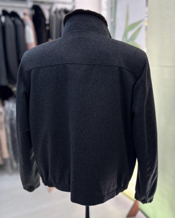 Handmade Cashmere Wool Bomber Jacket: Men's Grey Rabbit Fur Collar