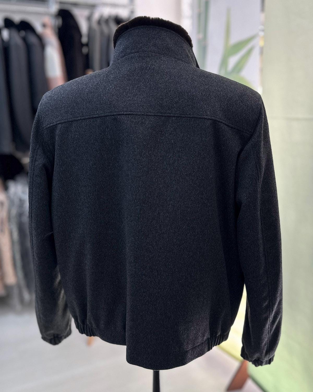 695e5aa159f447123fa584eb.jpg Handmade Cashmere Wool Bomber Jacket: Men's Grey Rabbit Fur Collar