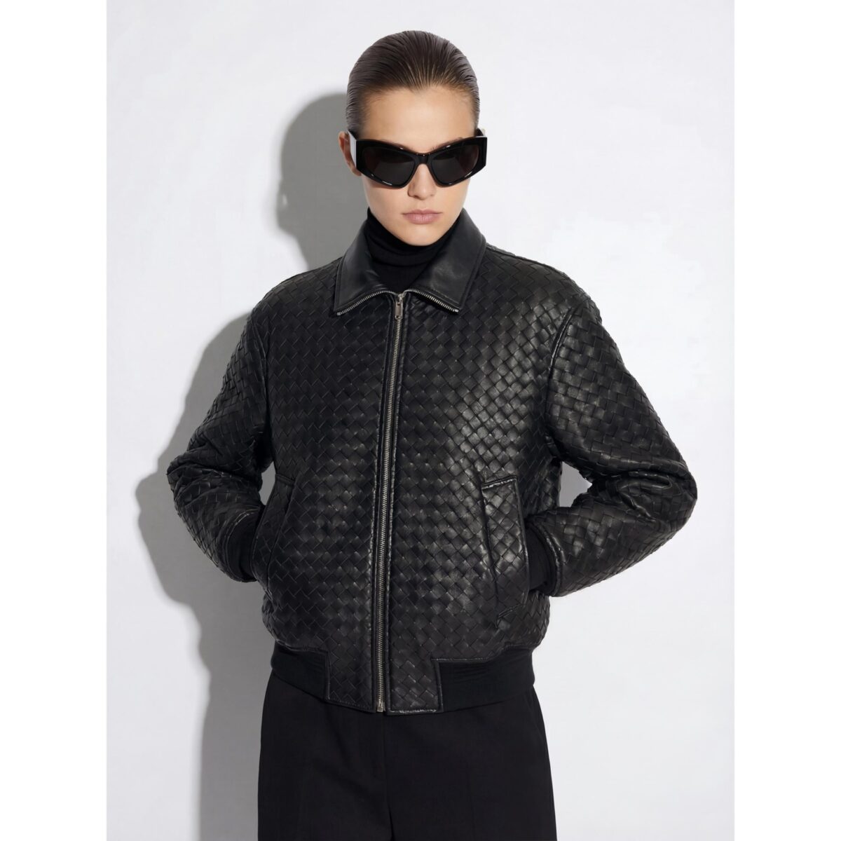 Intrecciato Lambskin Blouson Hand Woven Genuine Leather Women's Black Brown Burgundy Lambskin Bomber Jacket