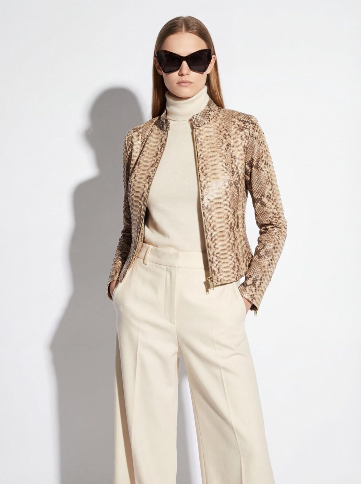 695e604559f447123fa6437f.jpg Genuine Natural Python Skin Racer Jacket - Exotic Beige Snake Leather Luxury Moto Coat
