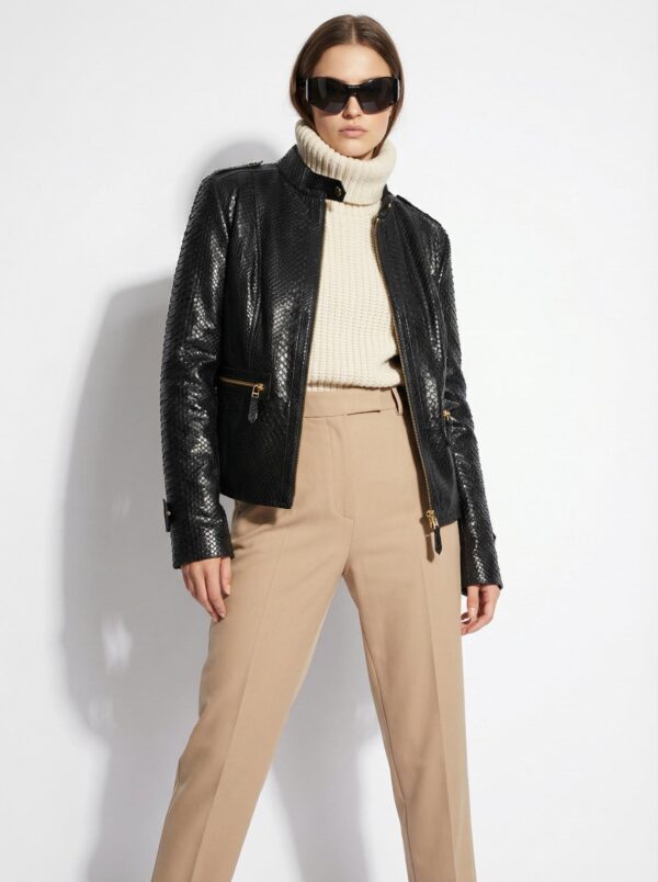 Genuine Black Python Skin Racer Jacket - Luxury Café Racer Style - Gold Hardware Snake Coat