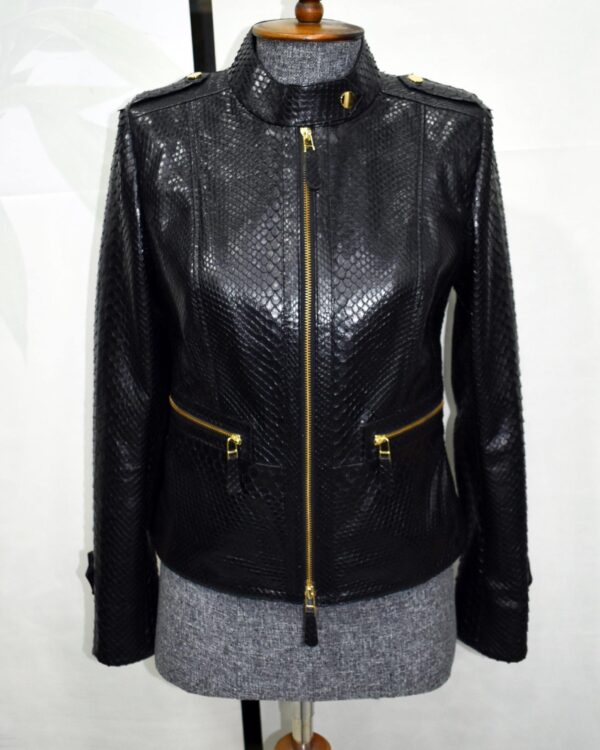 Genuine Black Python Skin Racer Jacket - Luxury Café Racer Style - Gold Hardware Snake Coat