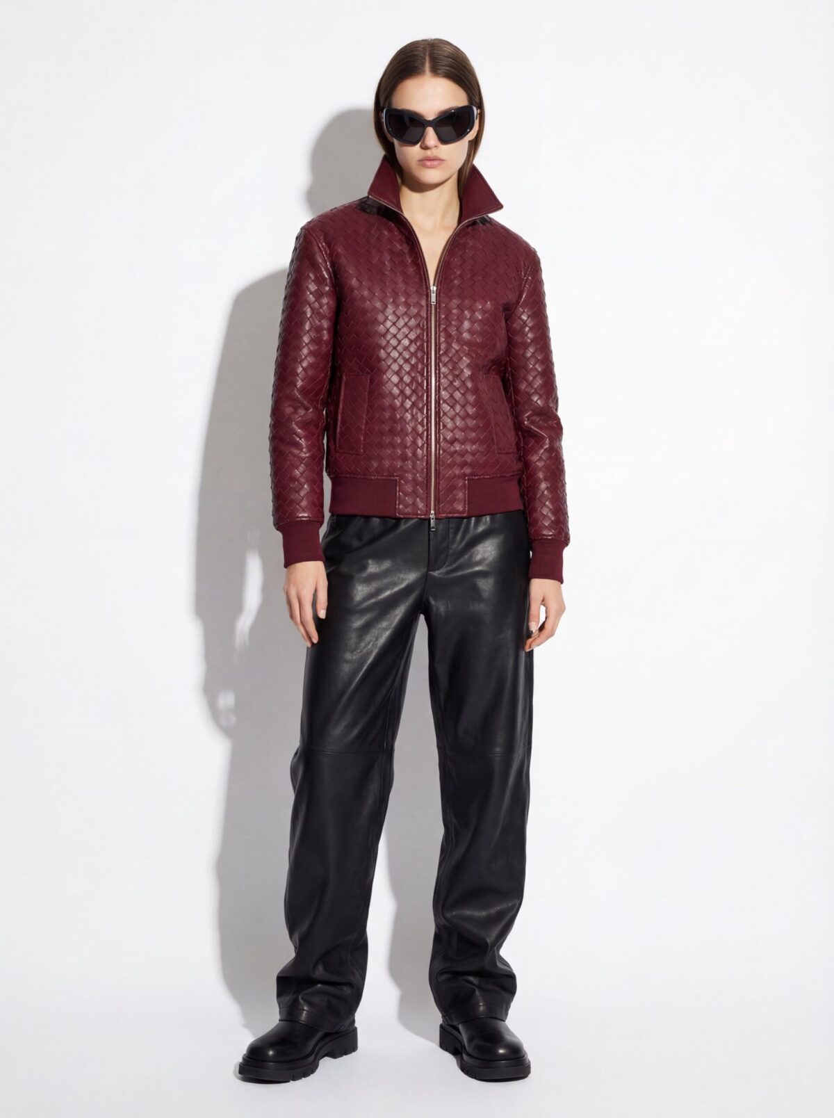 Intrecciato Lambskin Blouson Hand Woven Genuine Leather Women's Black Brown Burgundy Lambskin Bomber Jacket