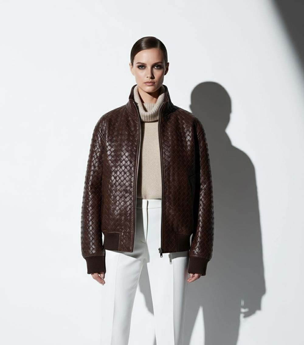 Intrecciato Lambskin Blouson Hand Woven Genuine Leather Women's Black Brown Burgundy Lambskin Bomber Jacket