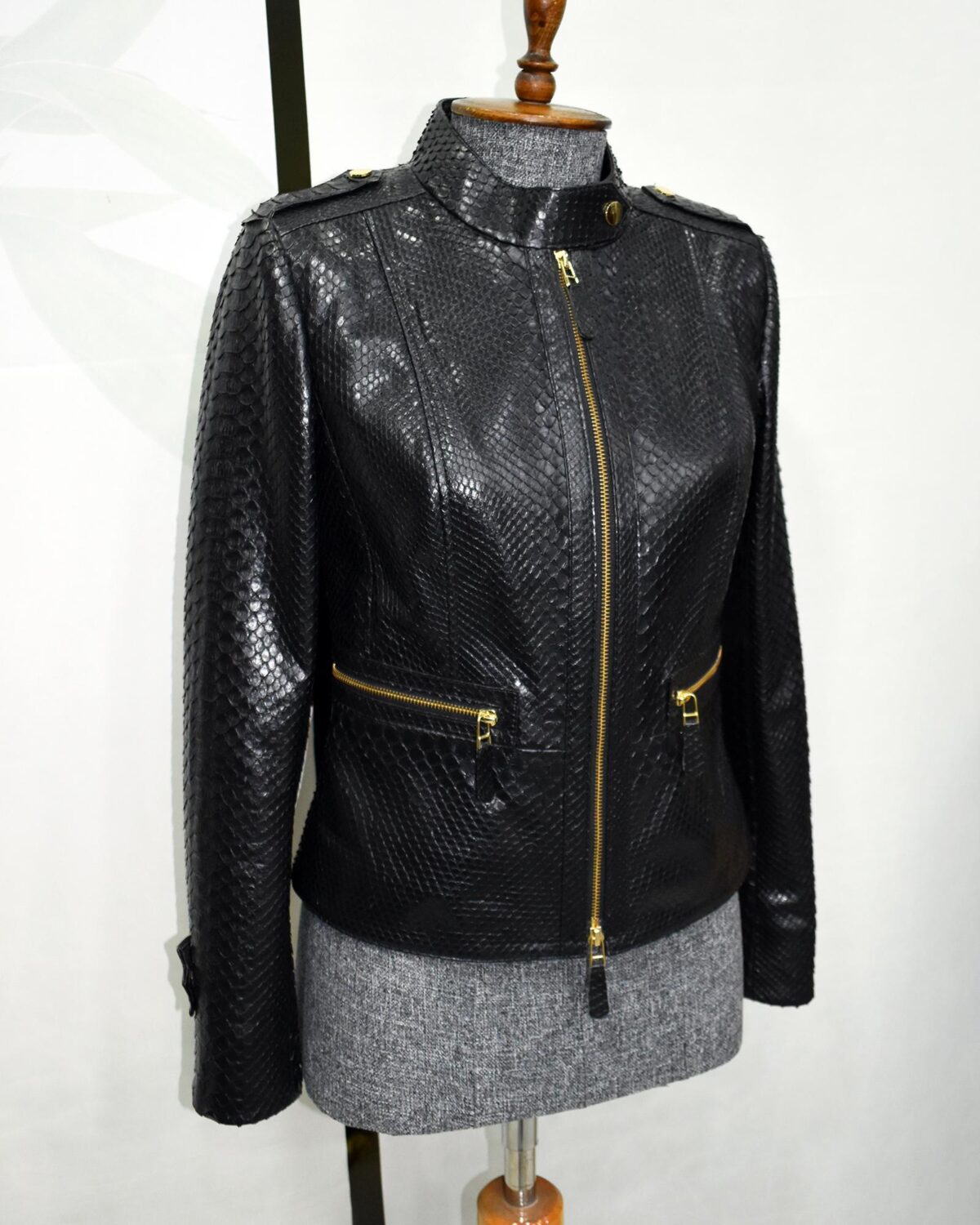 695e604859f447123fa646a8.jpg Genuine Black Python Skin Racer Jacket - Luxury Café Racer Style - Gold Hardware Snake Coat