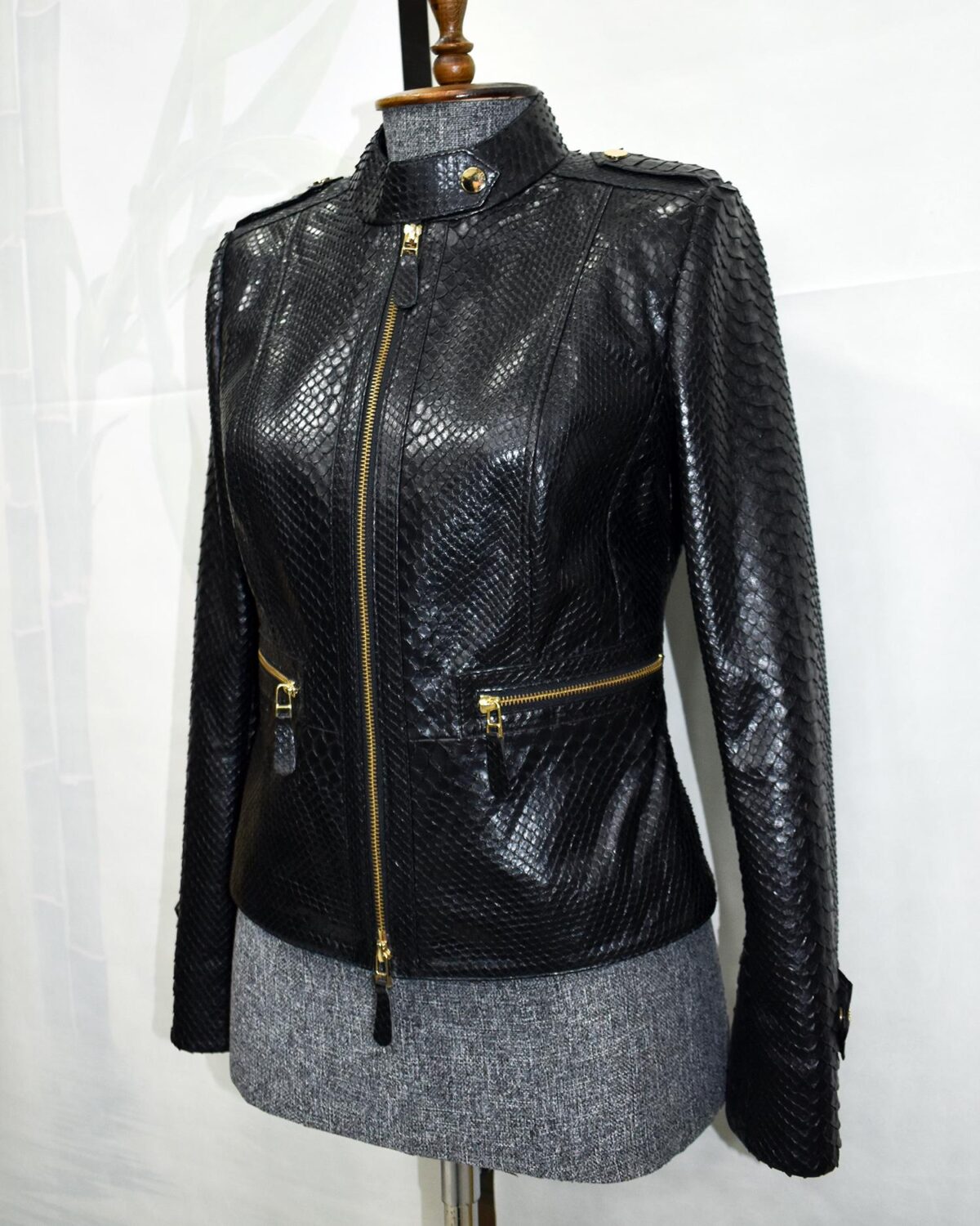 695e604959f447123fa647cd.jpg Genuine Black Python Skin Racer Jacket - Luxury Café Racer Style - Gold Hardware Snake Coat