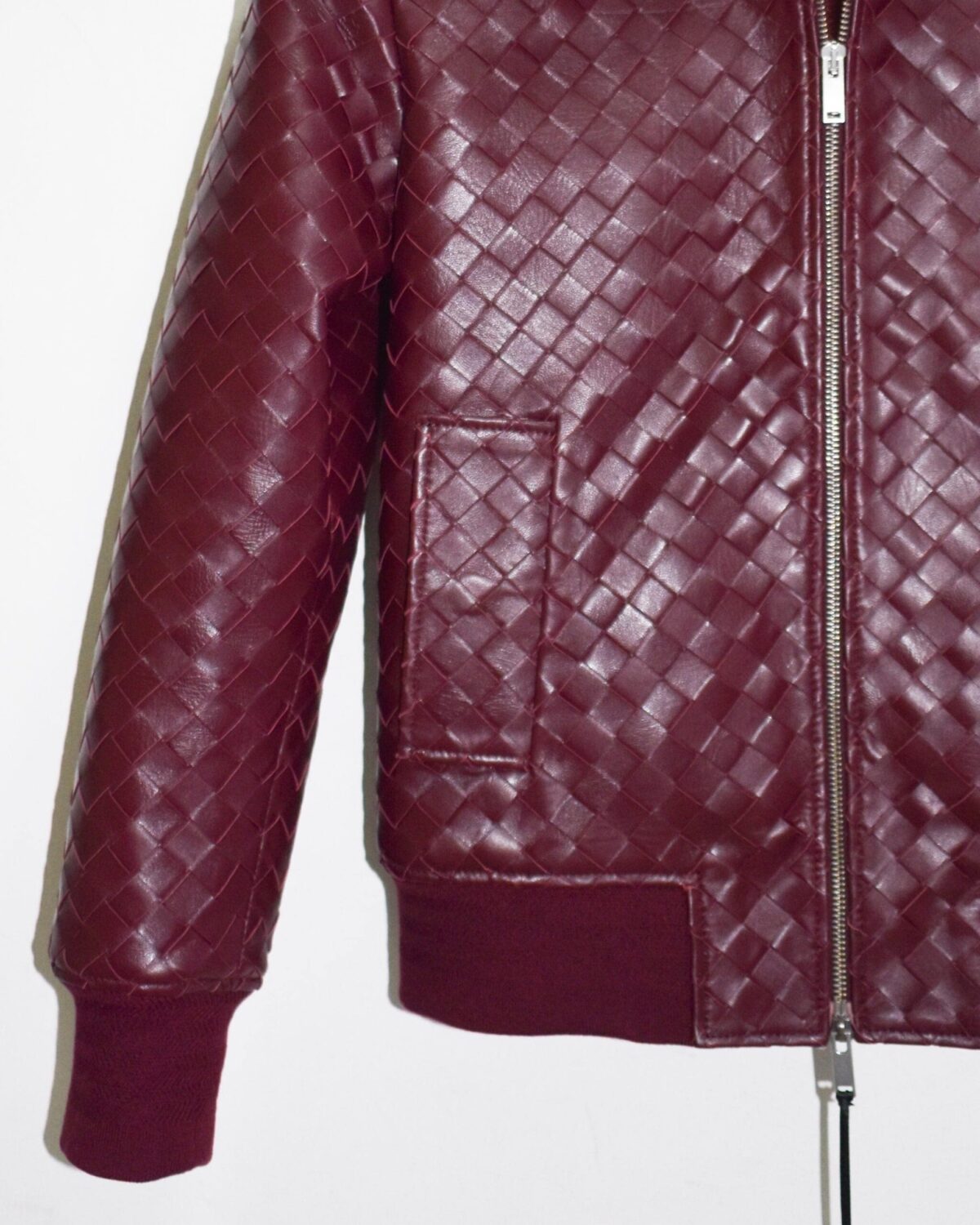 Intrecciato Lambskin Blouson Hand Woven Genuine Leather Women's Black Brown Burgundy Lambskin Bomber Jacket