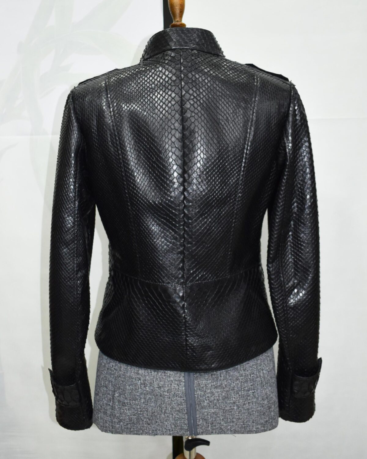 695e604a59f447123fa64857.jpg Genuine Black Python Skin Racer Jacket - Luxury Café Racer Style - Gold Hardware Snake Coat