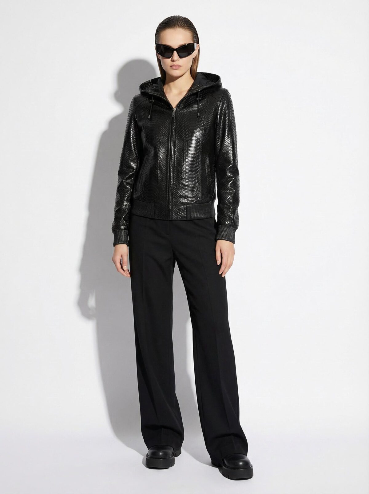 Genuine Black Python Skin Hooded Bomber Jacket - Luxury Urban Snake Leather Coat