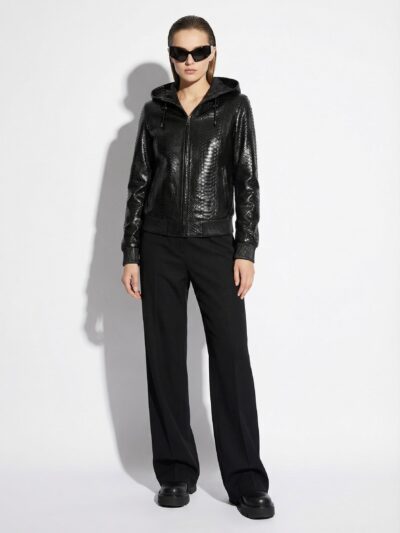 695e604d59f447123fa64a22.jpg Genuine Black Python Skin Hooded Bomber Jacket - Luxury Urban Snake Leather Coat