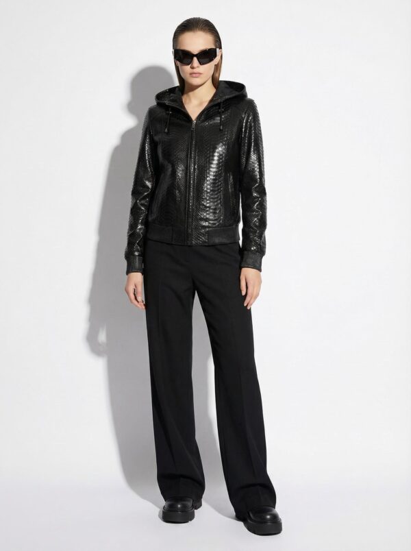 695e604d59f447123fa64a22.jpg Genuine Black Python Skin Hooded Bomber Jacket - Luxury Urban Snake Leather Coat